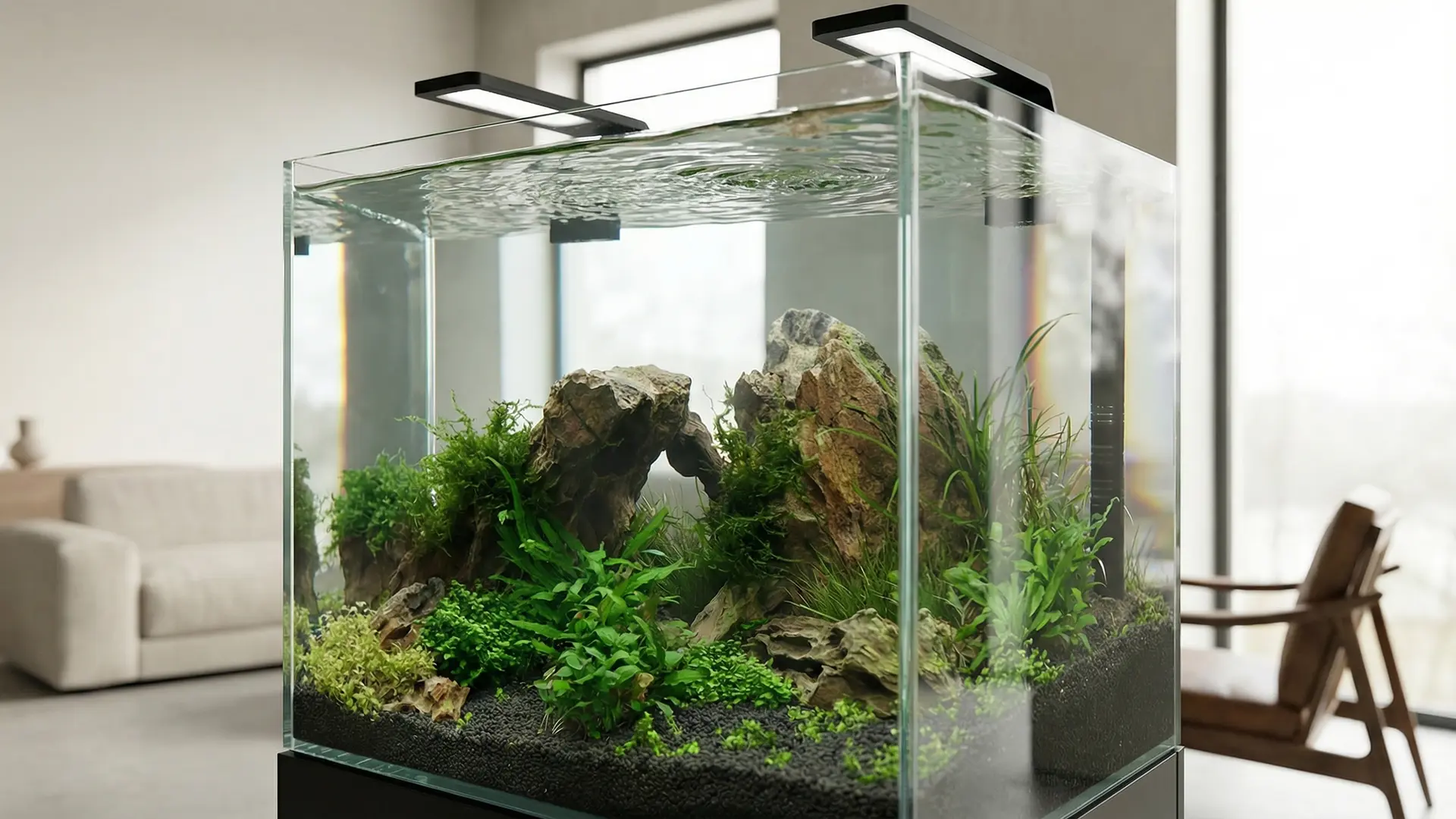 Minimalistisches Aquascape im Me My Tank 70 Liter Aquarium mit natürlicher Gestaltung